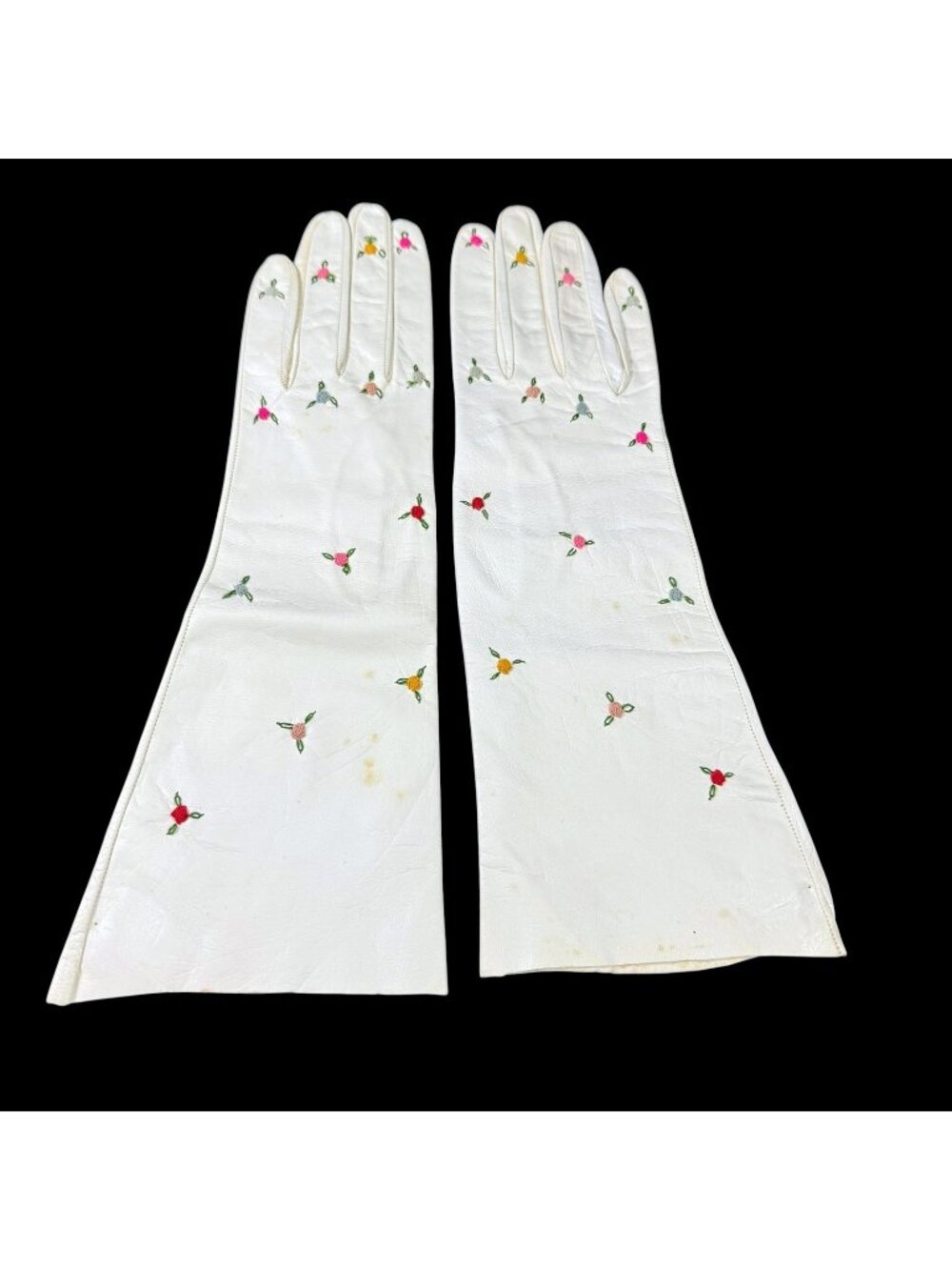 Gloves Capretto White Kid Leather Embroidered Flowers Italy Size 7 Vintage 1950s